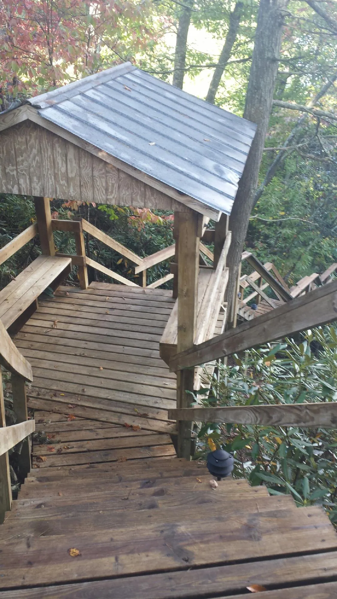 Metal roofed shelter over wooden steps on a wooded walkway — Skylight Repair & Installation work by our crew in Epworth